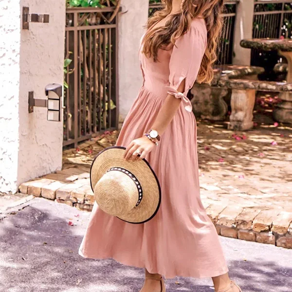 Lipswag летнее вечернее платье с глубоким v-образным вырезом и разрезом, женское элегантное платье с коротким рукавом, повседневное пляжное длинное платье на пуговицах Vestidos - Цвет: Pink