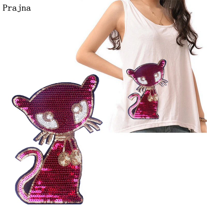 

Prajna Cartoon Cat Sequined Patches Red Black Colors Iron On Patches For Clothing Big Size Patch Accessories T-shirt Dress Decor