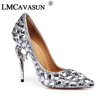 

LMCAVASUN high quality Leather women's shoes hippocampus with large diamond high-heeled pointed shallow mouth bridal wedding sho