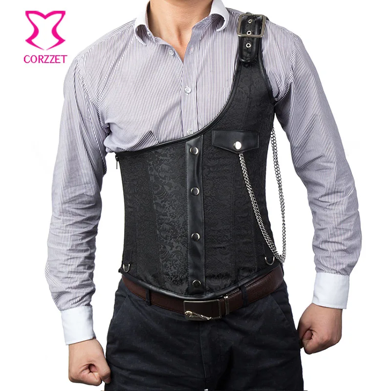 

Vintage Black Brocade Buckled One-Shoulder with Chain Gothic Jacket Men Steampunk Corset Vest Top Mens Waistcoats Clothing