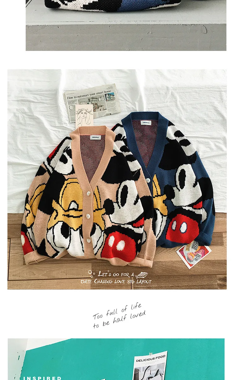 Autumn New Korean Men's Japanese Cotton Loose Original Mickey Mouse Tang Laoka Cardigan Sweater