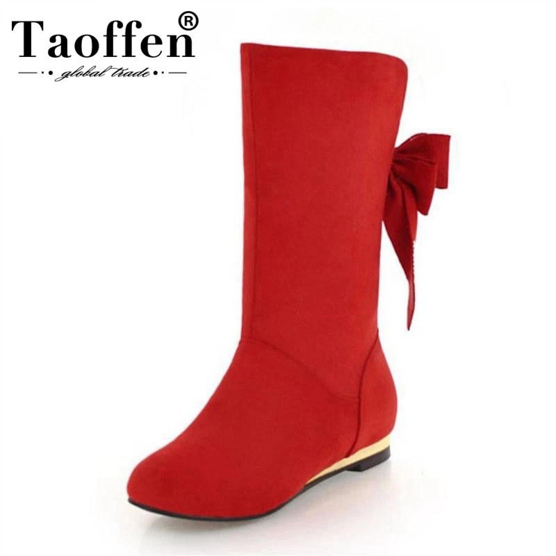 

TAOFFEN Size 32-44 Women Winter Mid Calf Boots Fashion Bowknot Fur Warm Shoes Woman Inside Heels Boots Round Toe Footwear