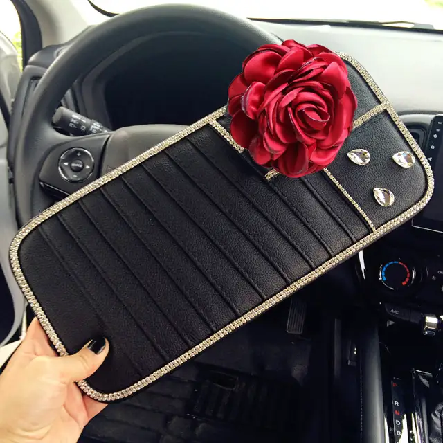 607 20 De Réductionrouge Rose Fleur Siège De Voiture Accessoires Intérieurs En Cuir Housse De Volant Auto Cristal Appui Tête Support Frein à Main