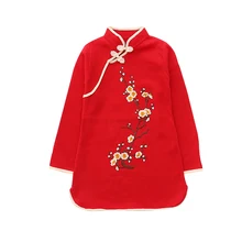 Детские вязаные платья для девочек Cheongsam весна вышитые свитера платья Детские зимние штаны Qipao Китайский Стиль платье 2-12