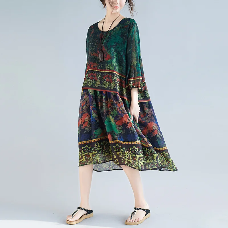 Женское платье с цветочным принтом Johnature повседневное Хлопковое круглым вырезом