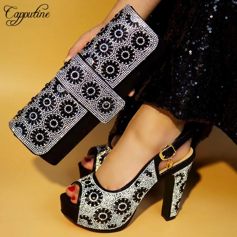 Capputine جديد 2019 الأفريقي تصميم حذاء أسود و مطابقة أكياس الايطالية نمط عالية الكعب الأحذية و مجموعة الحقائب للحزب السنة الجديدة