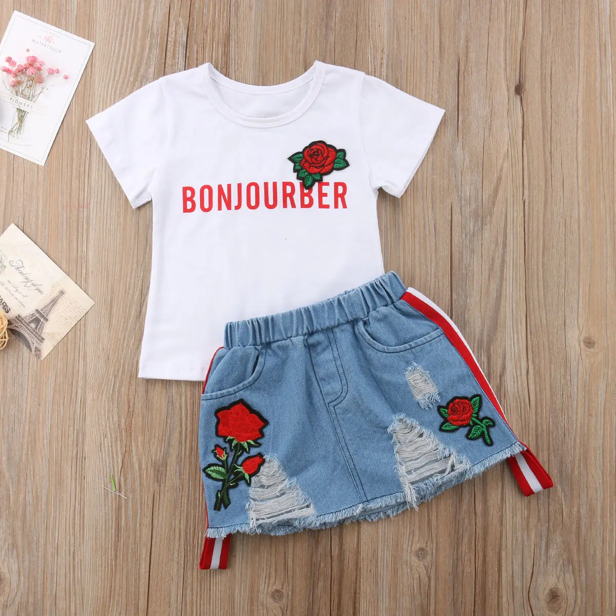 Детский Повседневный комплект одежды из 2 предметов, Детский комбинезон для маленьких девочек Джинсовая юбка+ футболка с цветочным принтом и надписью «Роза», комплекты одежды г., лето - Цвет: BONJOURBER