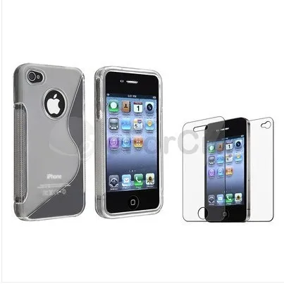 S Shape Clear White Rubber Case Skin+2x Screen Protector For iPhone 4 4G 4S |