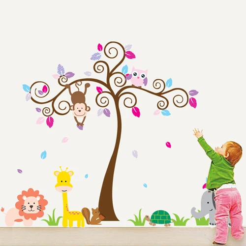 1 مجموعة 58*75 inch للإزالة pvc الشارات الكرتون شجرة مع لطيف البومة الزرافة القرد الحيوانات الاطفال نوم الديكور ملصقات الحائط