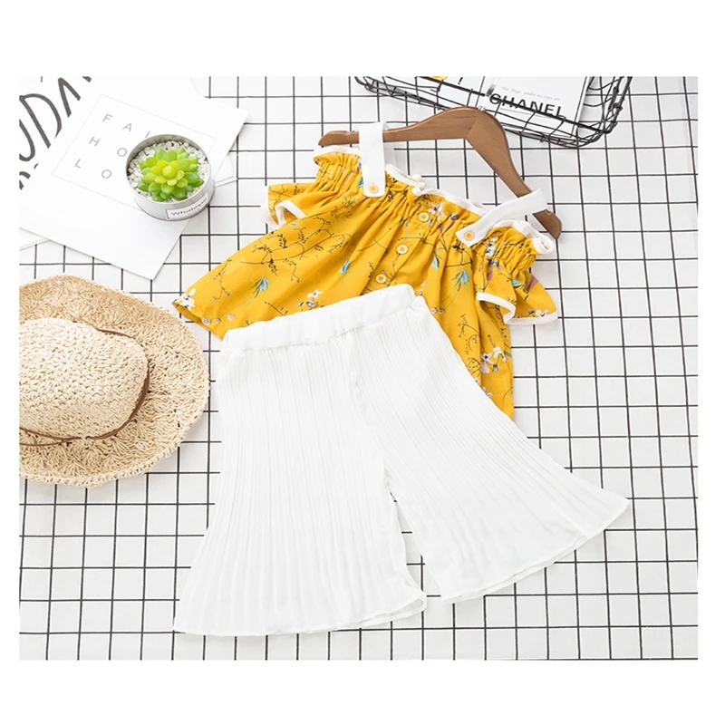 

Kids girls chiffon summer suit floral sling T-shirt+loose pant 2pcs set