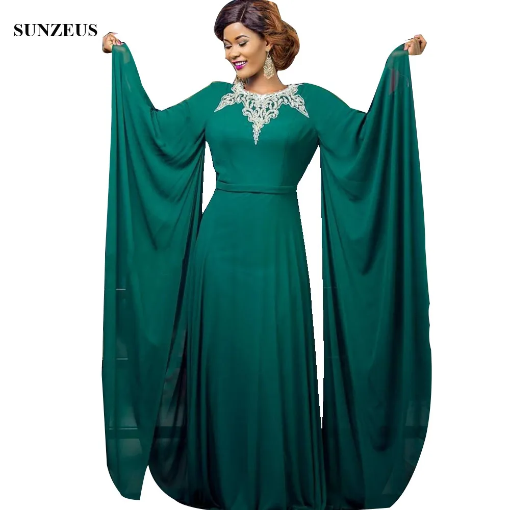 

Maxi Long Sleeve Mother Of The Bride Dress Green Chiffon Saudi Arabic Caftan Beaded Neckline Women Party Gowns For Wedding CM092