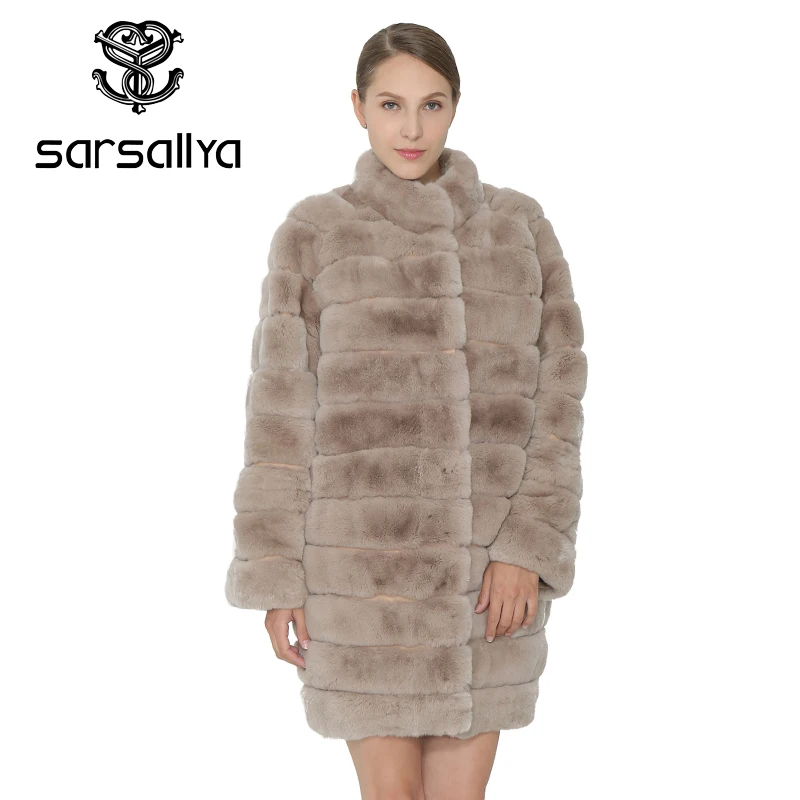 SARSALLYA Women Natural Rex Rabbit Fur Coat Winter Warm Thick Female Coats Real Fur Overcoat