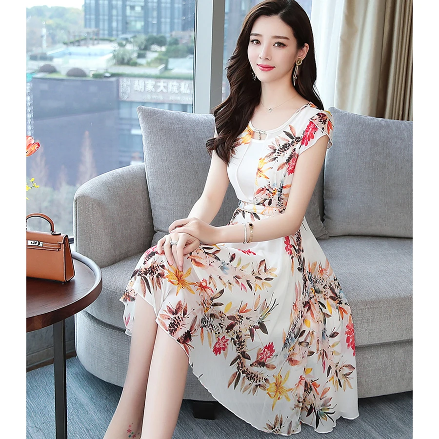 Женский корейский ретро большой размер Boho пляжное праздничное платье лето цветочный шифон платье элегантный тонкий сексуальное вечернее платье с короткими рукавами