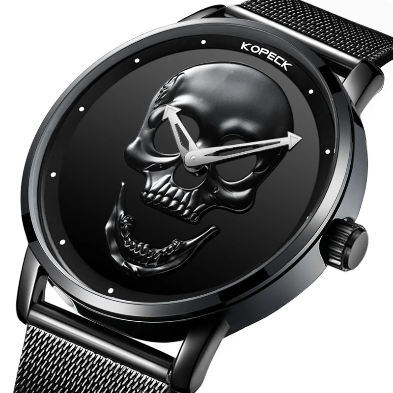 

Top Brand Business Men Skull Watches Sports Black Male Wrist Watches Waterproof Silver Stainless Steel Strap Men's Quartz Watch