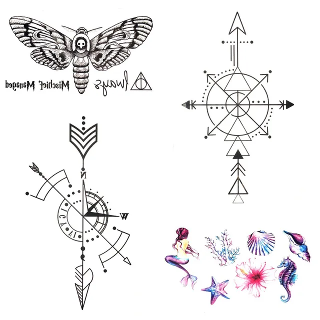 10.5x6CM Black Gadgets Geometric Compass Arrow Temporary Tattoo Stickers Body Ankle Art
