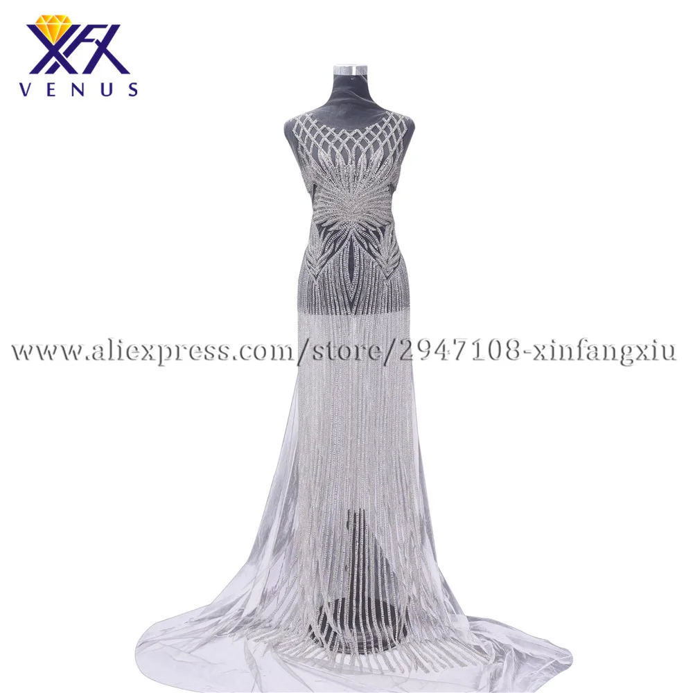 

XFX VENUS handmade rhinestones applique Crystal beaded applique Wedding Long Patches dress tassel with more fringe 1set