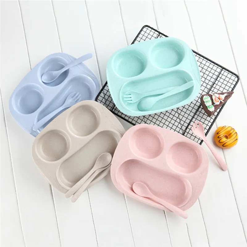 

3-Sections Divided Kid Dinnerware Dish Plate Smile Wheat Straw PP Student Baby Lunch Box Food Tray Tableware Supplies