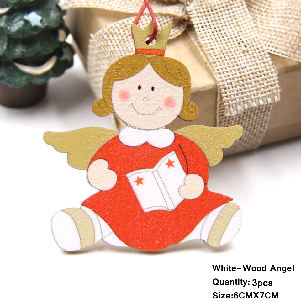 3PCS Lovely Squirrel&Angel Wooden Pendants Ornaments Christmas Wood Craft Kids Toys DIY Christmas Tree Decorations Hanging Gifts - Цвет: 3PCS W-Angel C