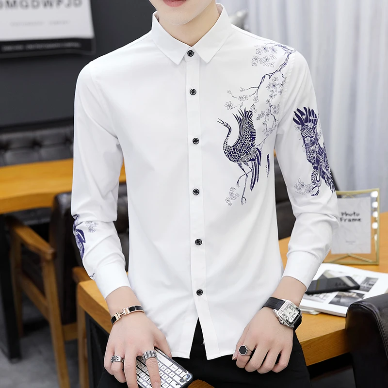 2019 Новая модная мужская рубашка с принтом Chemise Homme клетчатая приталенная длинным