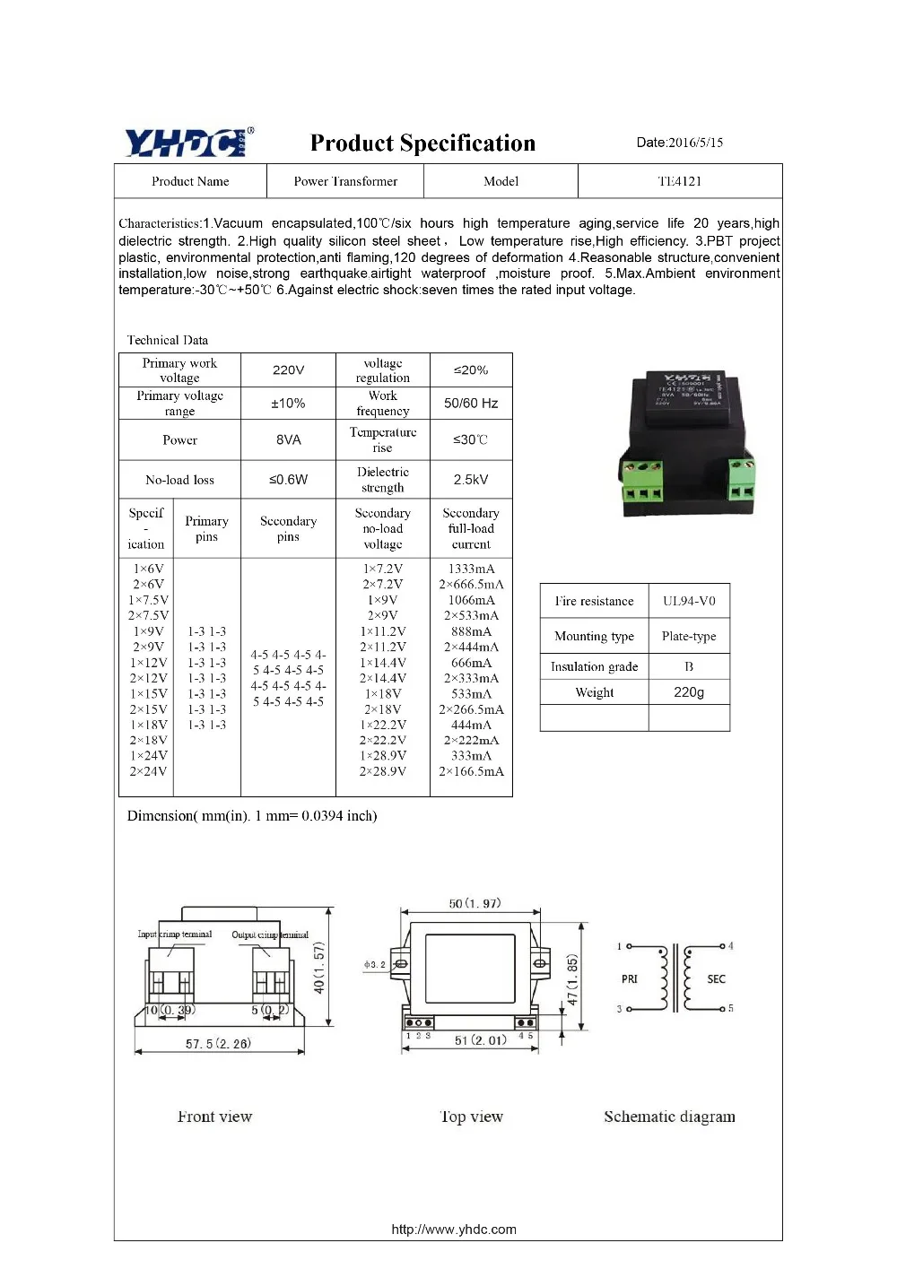 Yhdc te4121 Мощность 8va Вход 220 В Выход 6 В вакуумные Смола encapsulated PCB Сварки изоляции трансформатор