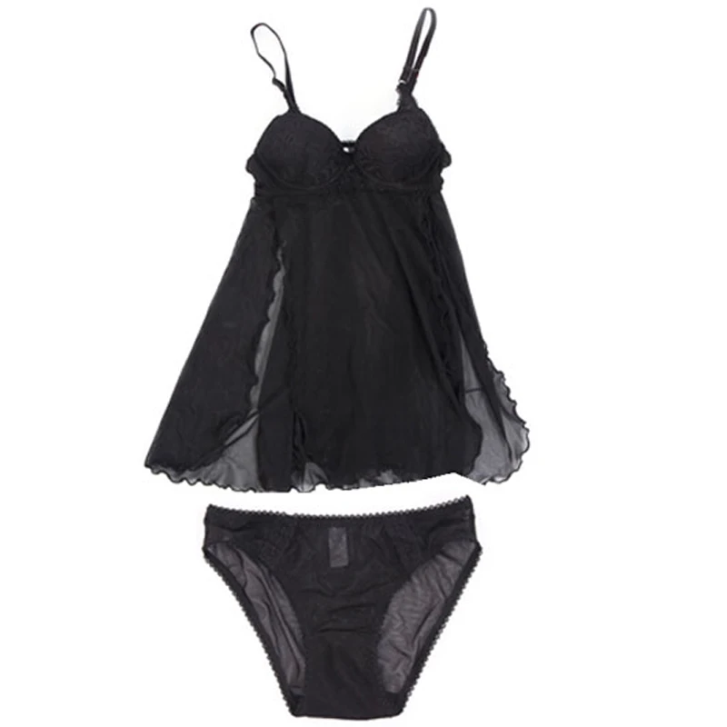 MiaoErSiDai, женская сексуальная ночная рубашка, до середины икры, пуш-ап, черное нижнее белье с трусиками, домашняя дешевая одежда, летнее платье, 32-38 ABC - Цвет: black