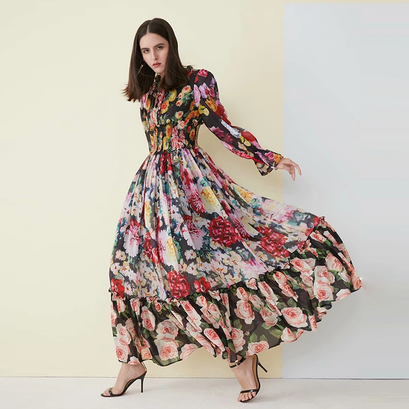 

HIGH QUALITY New Fashion 2019 Runway Maxi Dress Women's Long Sleeve Gorgeous Floral Print Long Dress