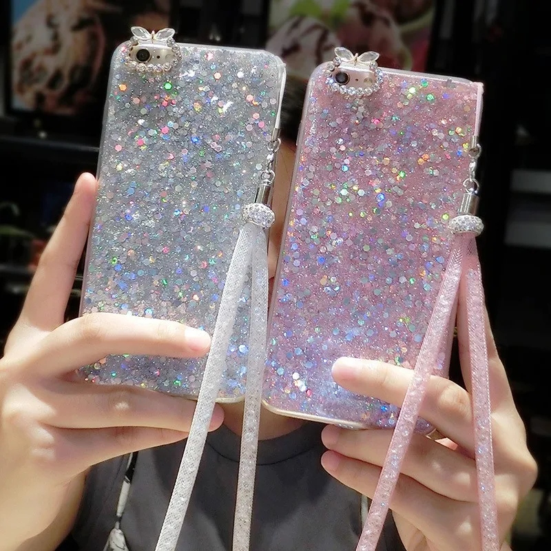 

Glitter bling Rhinestone soft silicone phone case for iphone 7 7plus 6 6s Plus sparkly diamond with crystal lanyard cover shell