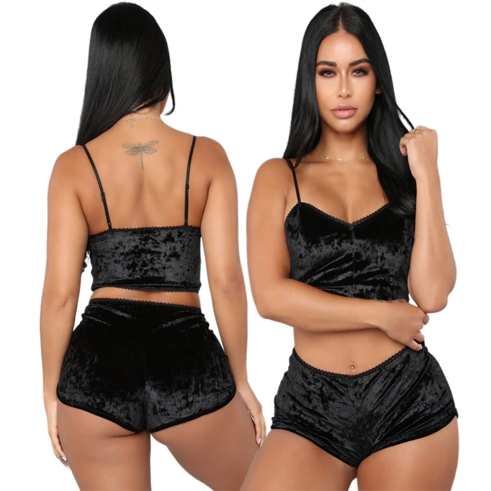 Fashion Women 2pcs Velvet Sleepwear Sexy Spaghetti Strap Velvet Shorts Pajama Set Ladies Sleepwear female Pajama Party Set - Color: Black