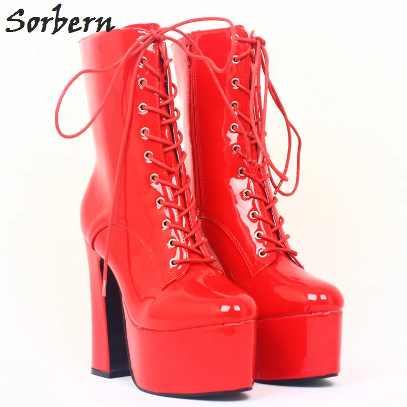 shiny red ankle boots