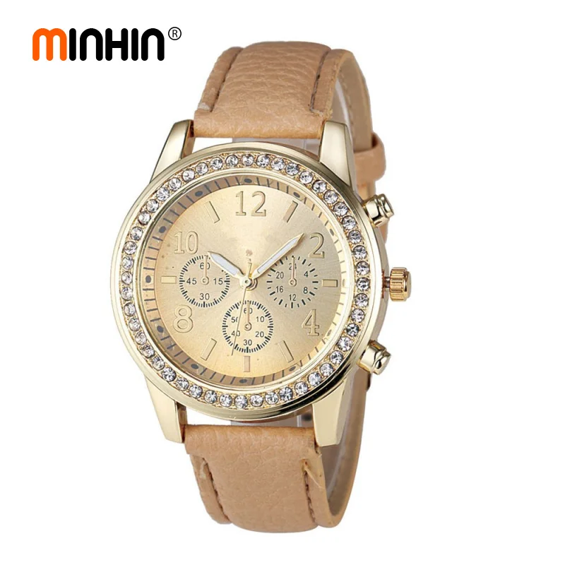 

MINHIN Fashion Leather Wrist Watches Ladies Charm Rhinestone Gold Dial Quartz Watch Casual GENEVA Watches Gift