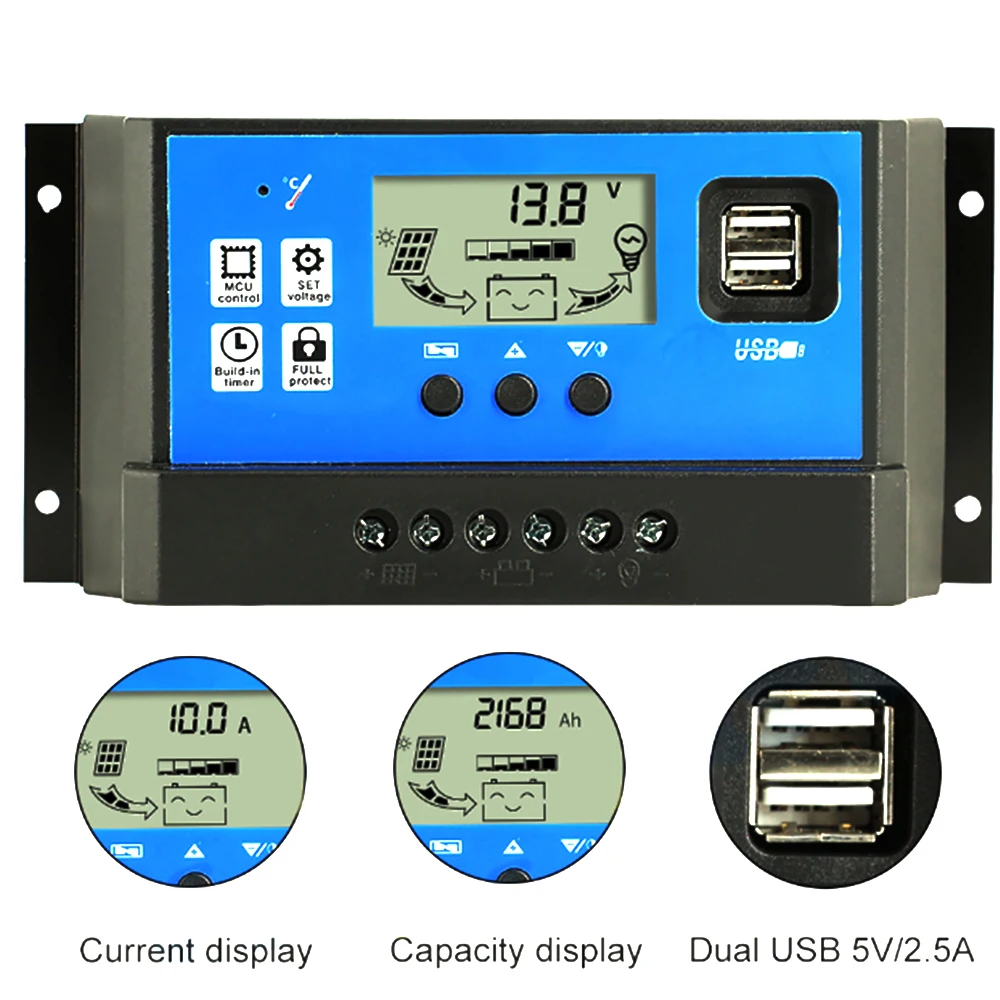 10A/20A автоматический Солнечный Контроллер заряда PWM контроллеры lcd Dual USB 5V Выход