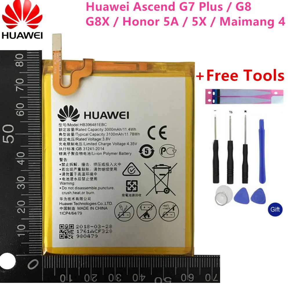 

Original battery HB396481EBC Rechargeable Li-ion phone battery For Huawei ASCEND G7 PLUS HONOR 5X G8 G8X RIO L03 -UL00/TL00/AL00
