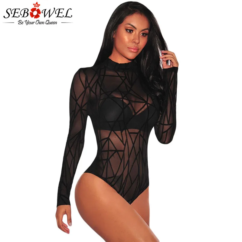 

SEBOWEL Black Sheer Mesh Velvet Bodysuits Woman Sexy Style Long Sleeve Bodycon Bodysuit Spring Autumn Female Thin Body Clothes