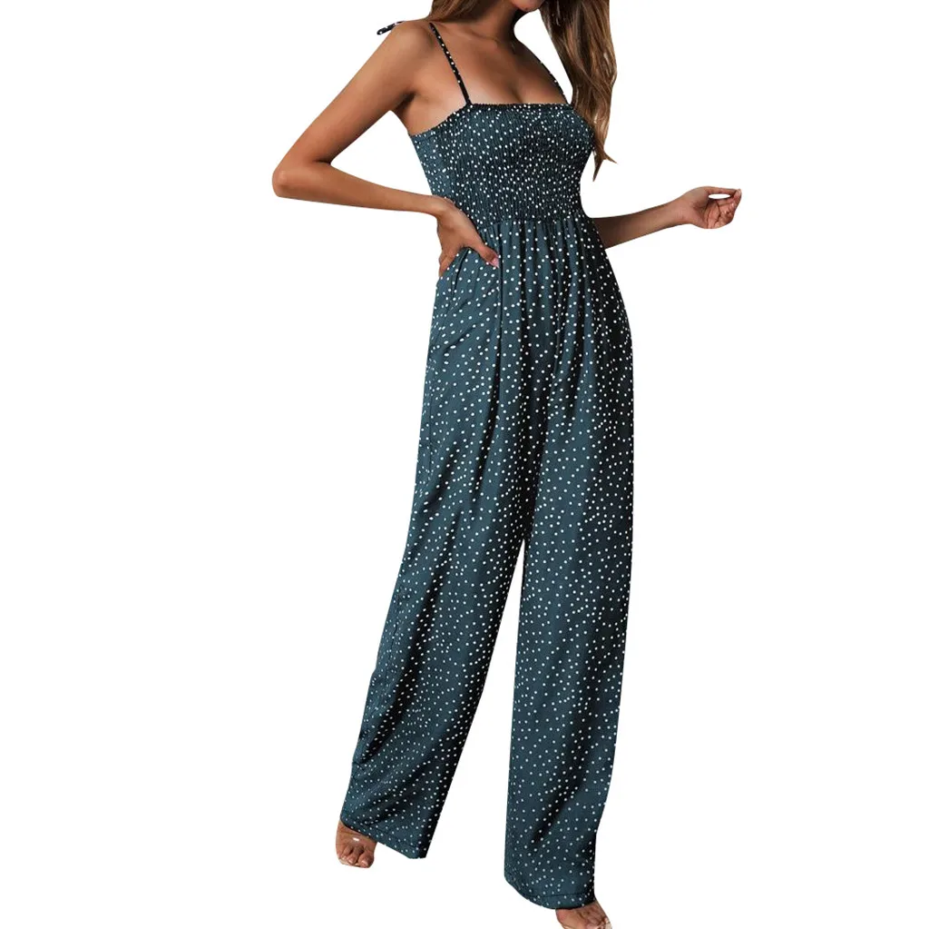 

Women's Sling Pleated Polka Dot Print Wide Leg Jumpsuit Ladies Sexy Off Shoulder Higth Waist Receive Waist Jumpsuit G0430#20