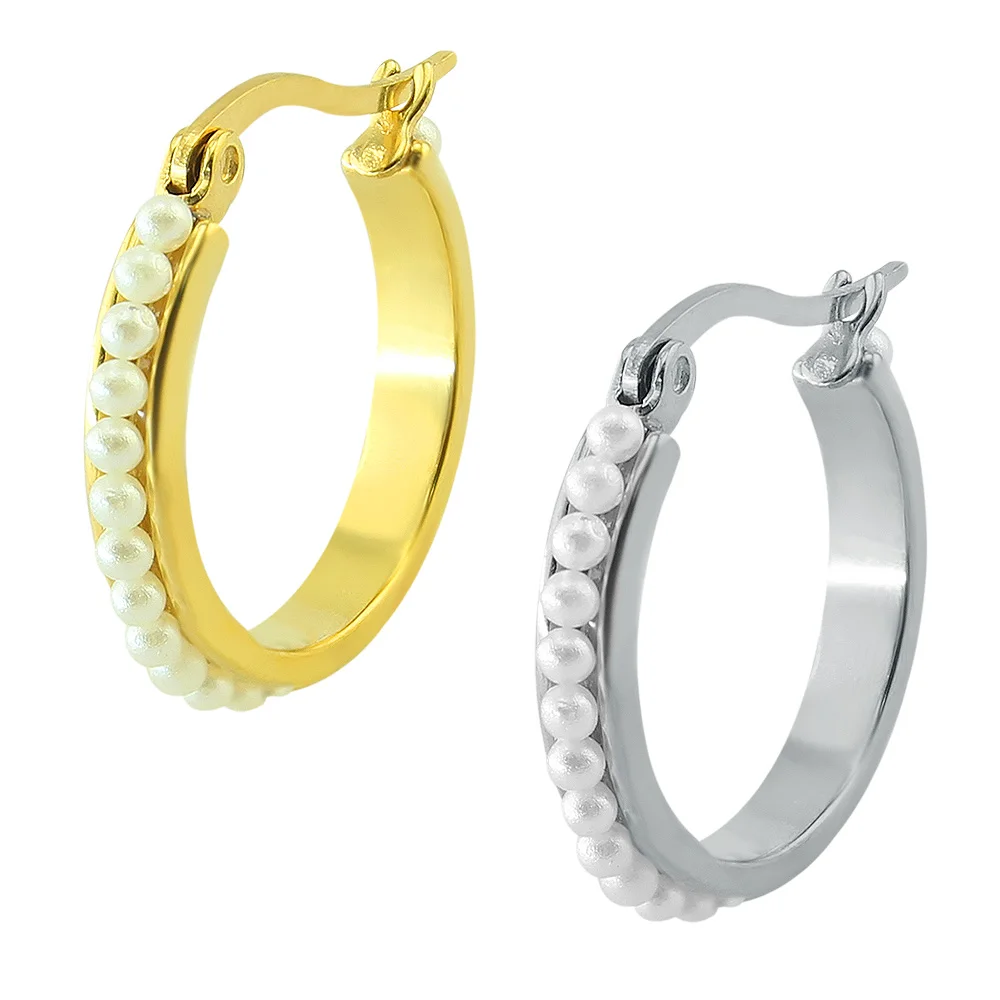 Fashion Women Party Big Hoop Earrings Stainless Steel With White Fake