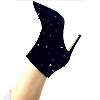 

Abesire 2019 High Quality Women Pointed Toe Slip-on Ankle Boots With Rivets Girls Thin High Heels Short Boots Ladies Suede Shoes