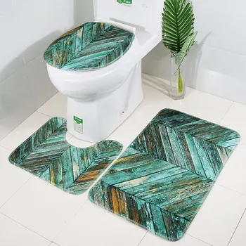 

3pcs/set Plank Printed Non Slip Water Absorb Floor Rugs Carpet Bath Mats Toilet Carpet Set Polyester Fiber Washable Toilet Rugs