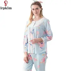 Новая мода продвижение Повседневное пижамы Наборы для ухода за кожей Для женщин пижамы с длинным рукавом О-образным вырезом леди хлопковое