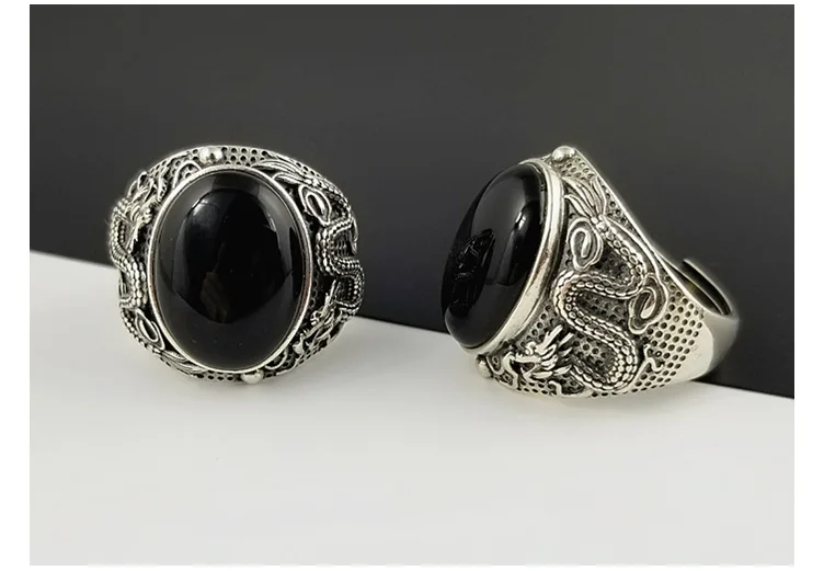 Настоящий 925 металлический браслет черный оникс камень кольцо для мужчин Женский Выгравированный Дракон Мужская мода Стерлинговое тайское серебро ювелирные изделия синтетический оникс
