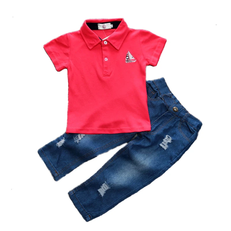 赤ちゃん男の子服セット17夏ショートスリーブ赤polo Tシャツ 穴ジーンズ子供のトップスtシャツキッズ男の子ブランド服セット Aliexpress