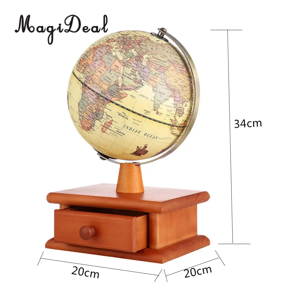 Vintage Wooden Base World Map Globe Decorative Desktop Rotating Geography Globe Educational Gifts