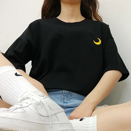 

New Arrival Summer Preppy Style Female T Shirt Moon Cloud Sun Embroidered Loose Couples Short Sleeve Women T-shirt Harajuku Top