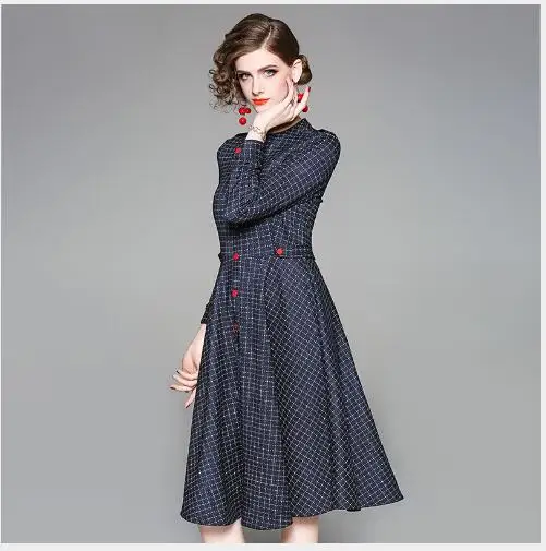 Femme A Manteaux Longues Nouveau Casual Mode Fit Femmes O Blue Manches Automne Navy Plaid 2018 Longue Section cou Slim ligne Robe 4OwvqP8