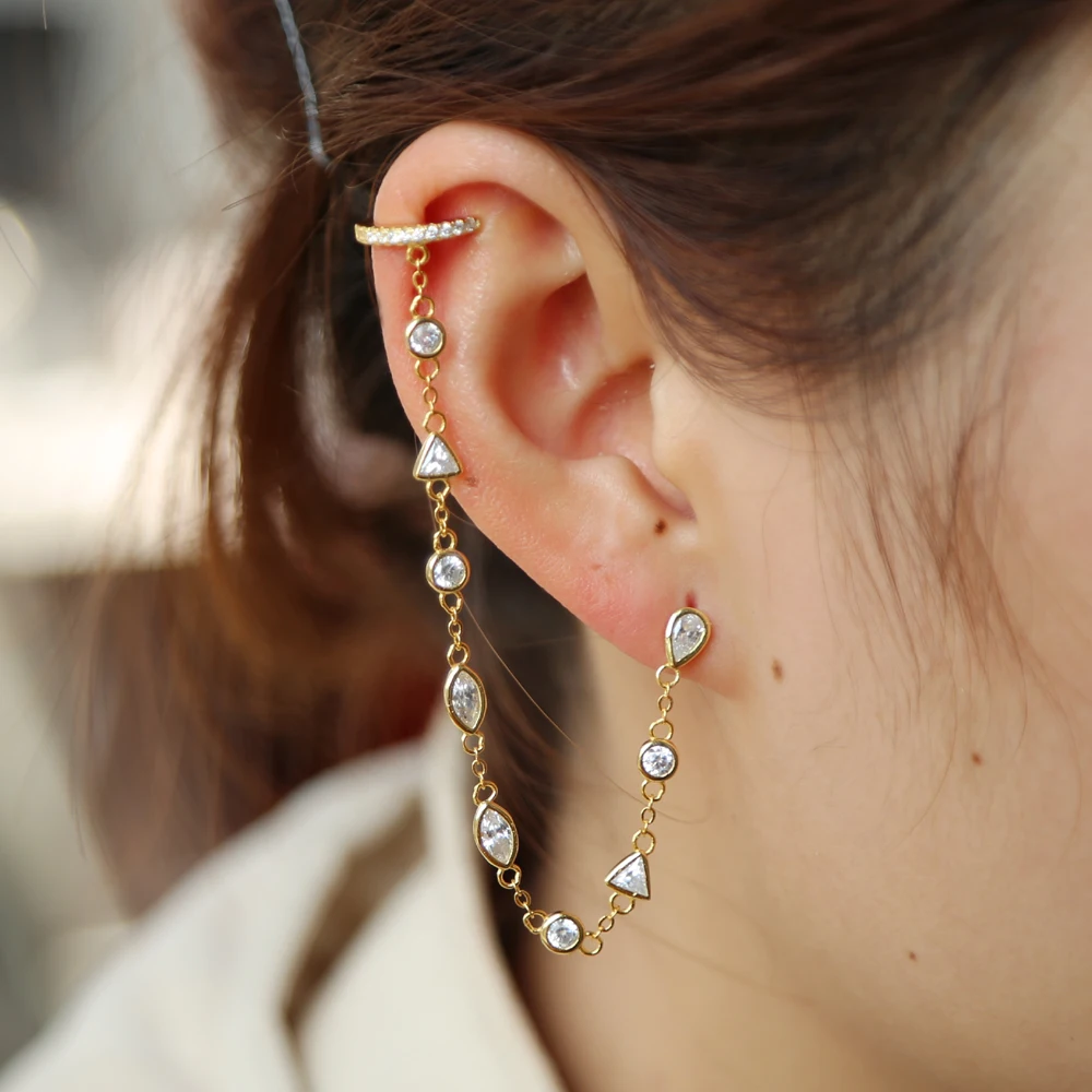 

NEW A piece long chain small bezel cz link sparking bling fashion jewelry 925 sterling silver women girl chain earring gift