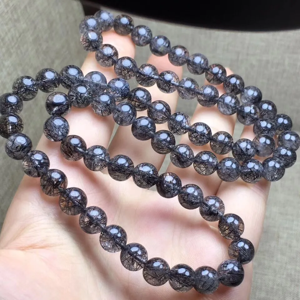 

8.1mm Natural Black Rutilated Quartz 3 laps Bracelet From Brazil Round Beads Gems For Women Men Gift Crsytal Bracelets AAAAA