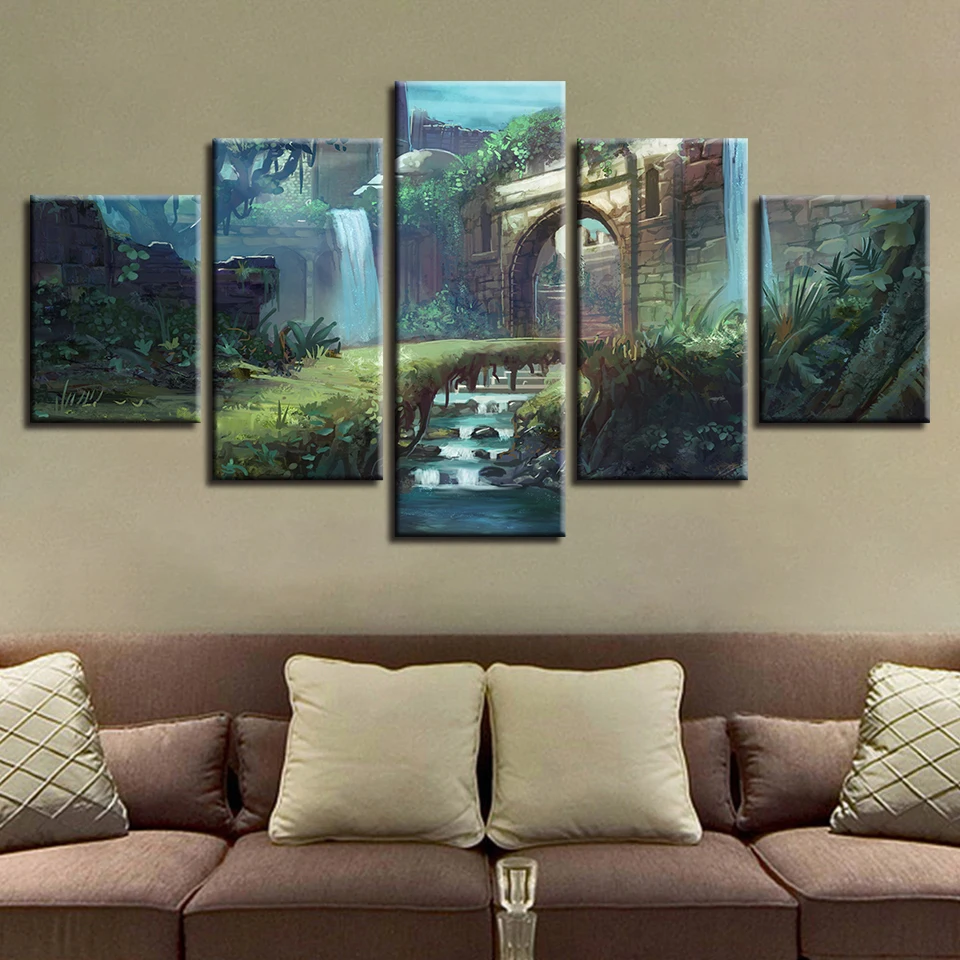 

Canvas Artworks HD Print 5 Pieces Waterfall Tree Grass Scenery Painting Wall Art Modern Modular Frame Pictures Poster Decor Room