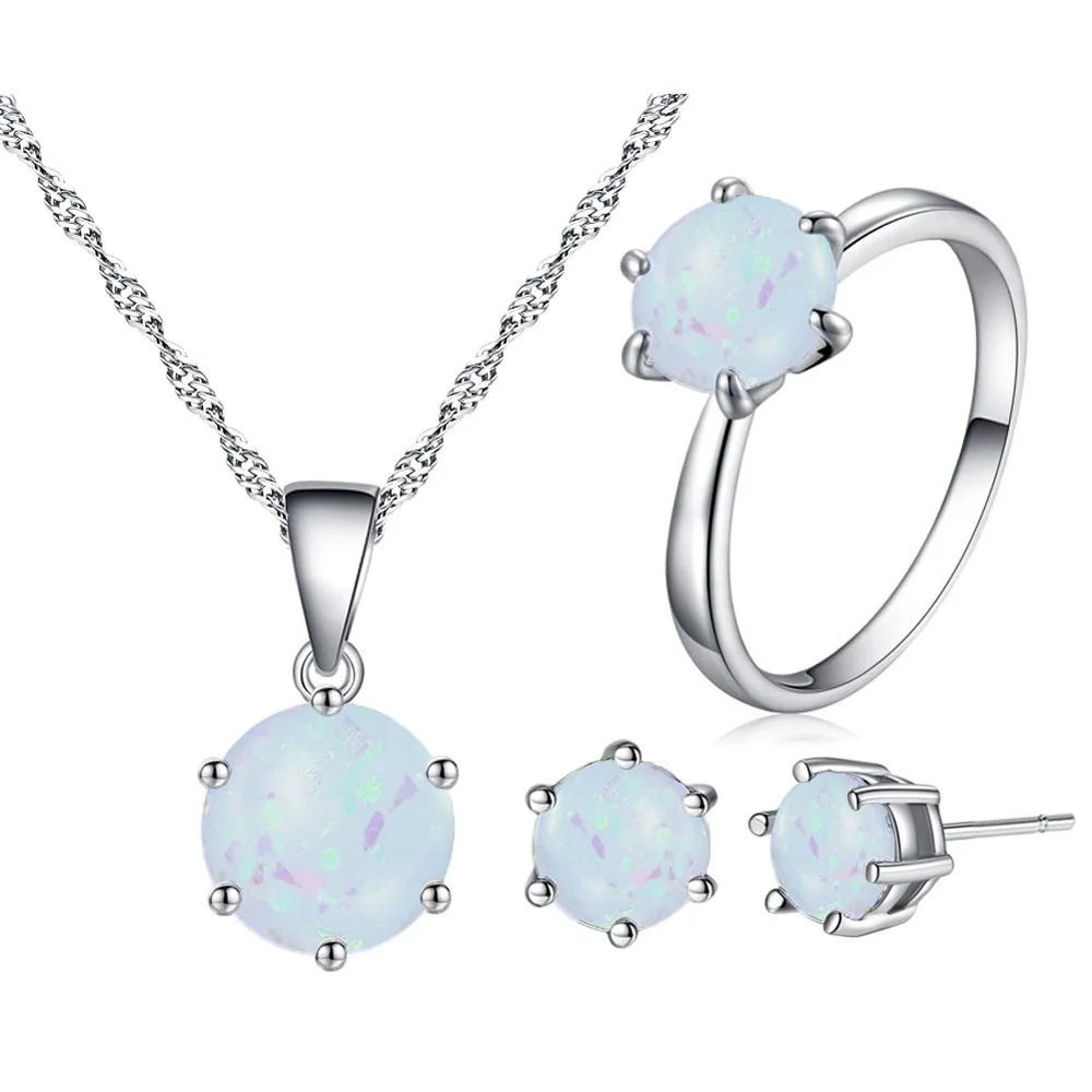 

Silver 925 Jewelry Set for Women 8mm Opal Pendant Necklace Ring Earrings Sterling Silver Rhinestone Custom Jewellery Bijoux Gift