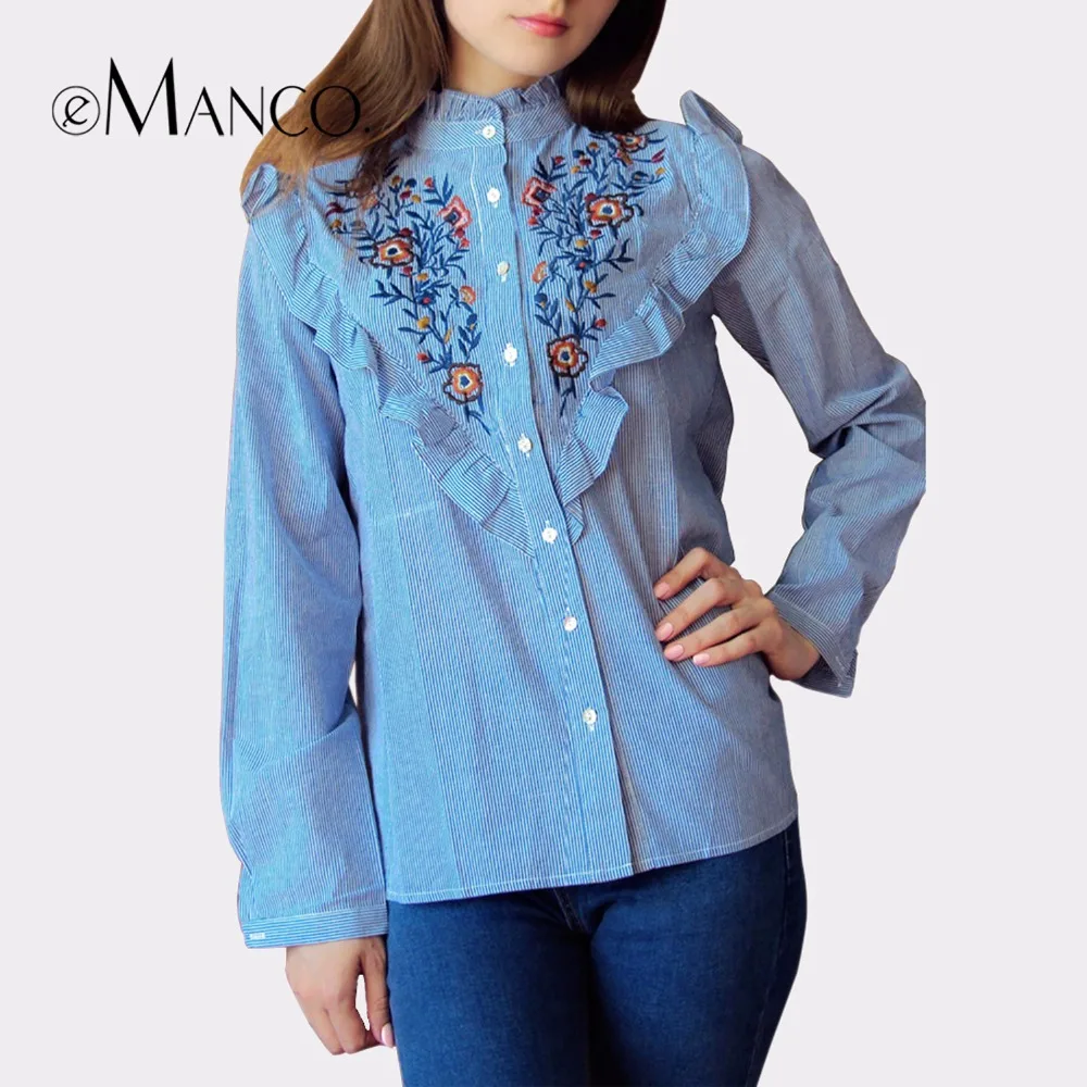 E Manco 2017 Spring Women S Long Sleeve Blouses Unique Floral Embroidery Tops Blusas Shirts Tops