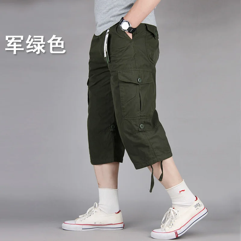 Летние мужские мешковатые шорты размера плюс с несколькими карманами, военные шорты на молнии, популярные бриджи, мужские армейские зеленые мужские шорты для фитнеса - Цвет: Армейский зеленый