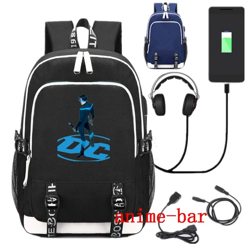 

New Superhero Robin Nightwing School Backpack USB Charge Interface Anime Black Shoulder Laptop Travel Bag